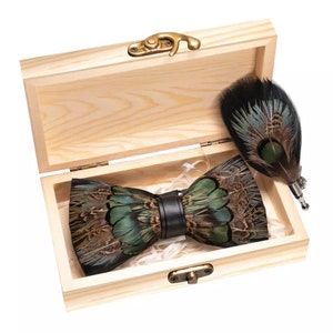 Stylish Design Brown, Green and Black Pheasant Feather Bow Tie & Pin Set