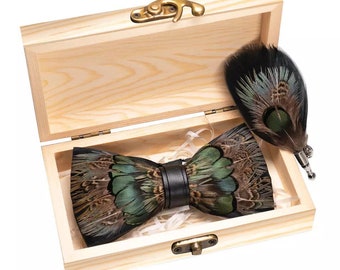 Stylish Design Brown, Green and Black Pheasant Feather Bow Tie & Pin Set