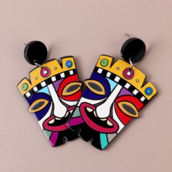 Colorful Ethnic Culture Tribe Tribal Face Mask Acrylic Paint Earrings