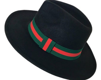 JETT - Black Fedora Hat With Green / Red Striped Band