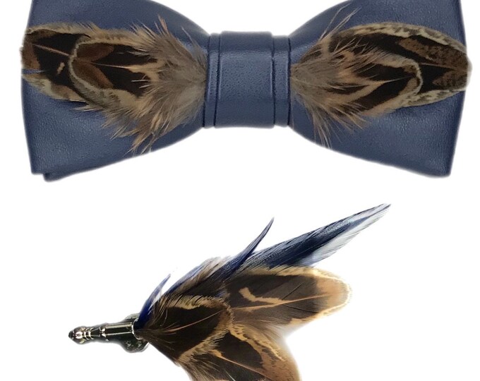 Navy Blue and Brown Feather Bow Tie & Pin Set
