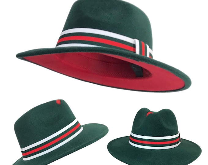 HOX - Green / Red Brim Fedora Hat With White / Green / Red Striped Band