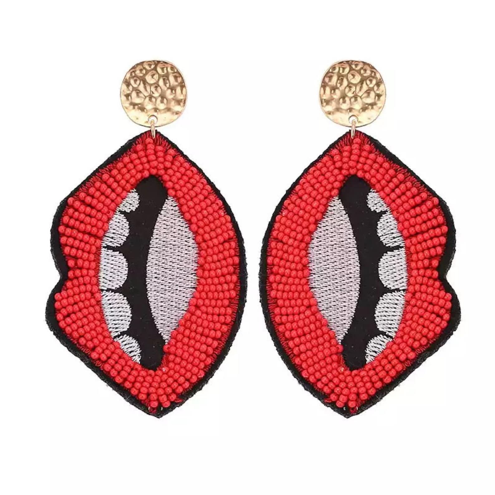 Red Beaded Lip Dangle Earrings Etsy