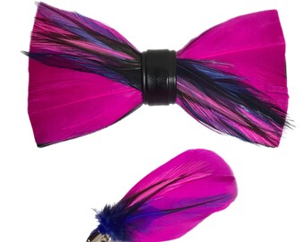 Fuchsia Pink/ Blue Dyed Rooster Feather Bow Tie & Pin Set