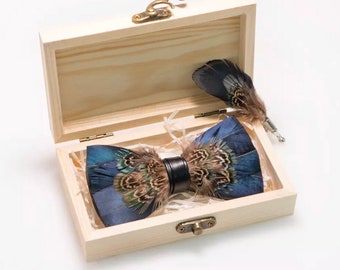 Navy Blue and Green Iridescent Feather Bow Tie and Pin Set (Child & Adult Size)