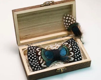 Polka Dot Blue Green and Black Iridescent Feather Bow Tie and Pin Set