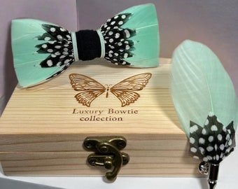 Fancy Mint Green, Black and White Polka Dot Feather Bow Tie and Pin Set