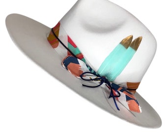 BOHO - White Custom Feather Fedora With Multicolor Feather Print Tied Band