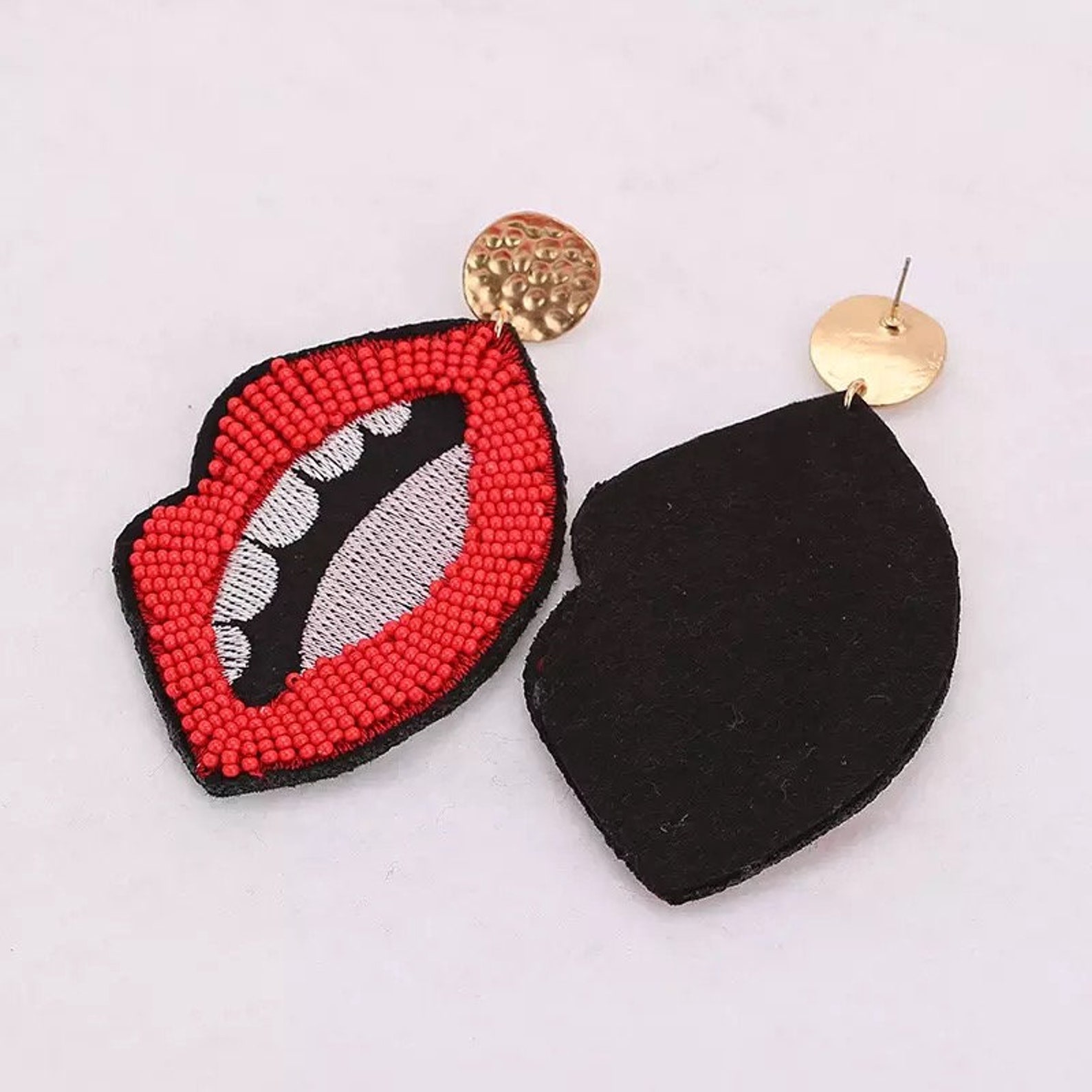 Red Beaded Lip Dangle Earrings Etsy