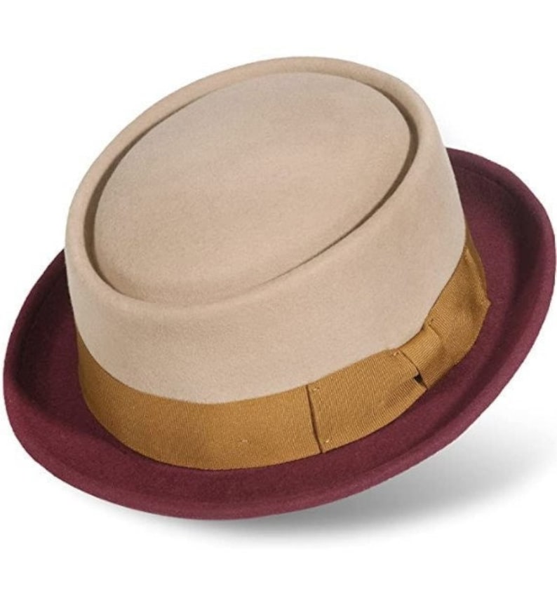 HARVARD - Unisex Burgundy and Tan Pork Pie Top Fedora Hat with HARVARD - Unisex Burgundy and Tan Pork Pie Top Fedora Hat with