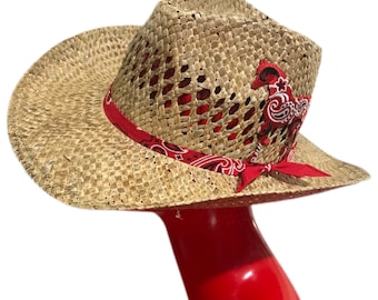 TANNING - Western Style Straw Hat With Red Bandanna Paisley Tie Band and Embroidered Paisley Horse Side Piece