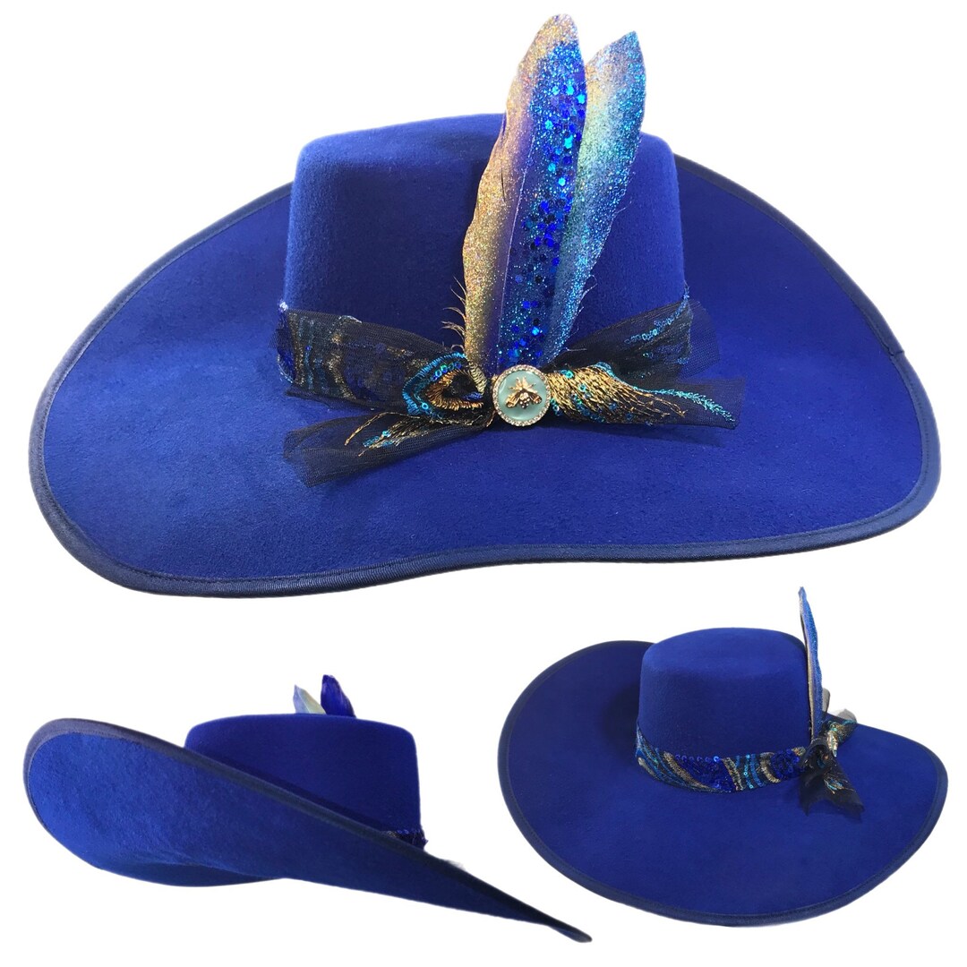 RAZZLE DAZZLE Wide Brim Royal Blue Wool Flat Top Boater Hat With Mesh