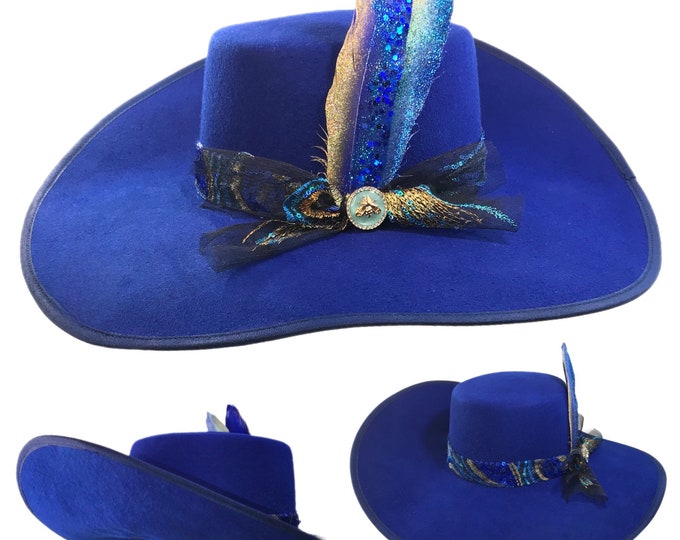 RAZZLE DAZZLE - Wide Brim Royal Blue Wool Flat Top Boater Hat with Mesh Sequin Tie, Painted Glitter Feathers and Brooch (Medium)