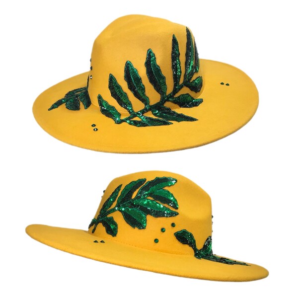 YARKONA - Wide Brim Teardrop Yellow Fedora Hat With Green Leaf Sequin Design (57-59cm)