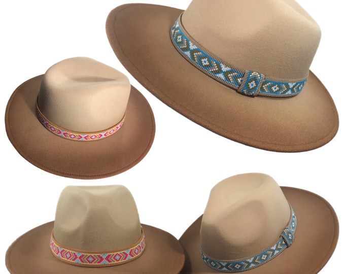 TEXCOCO - Beige Ombre Two Tone Fedora Hat With Aztec Print Band (Blue or Pink)