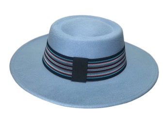 NEPTUNE  - Light Blue Pork Pie Hat with Blue, Red, Black and White Weaved Striped Band