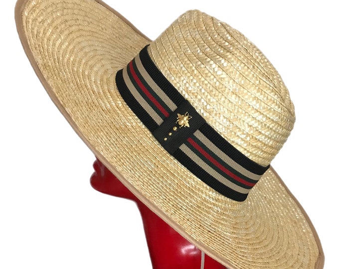 ZULAN - Wide Brim Quality Weaved Straw Hat With Striped Band / Bee Charm and Beige Brim Trim