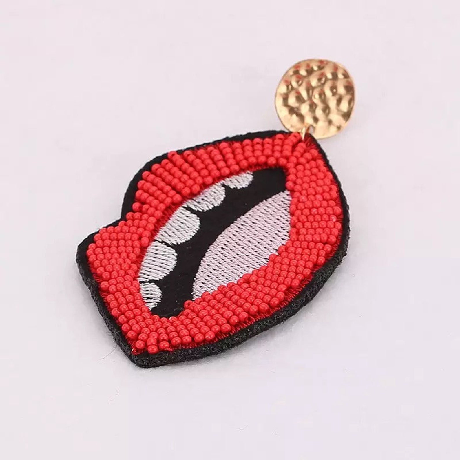 Red Beaded Lip Dangle Earrings Etsy