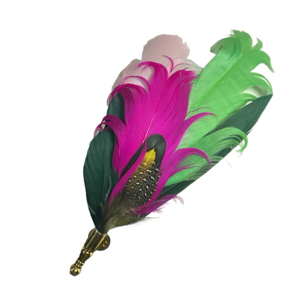 Épinglette plume à motif floral vert néon, rose fuchsia, rose pâle, noir, vert foncé et jaune