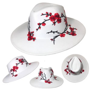 CHRYSAN - White Wide Brim Tear Drop Dome Fedora  Hat With Red Plum Blossom Design