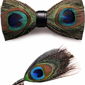 Black Peacock Feather Bow Tie and Pin Set (Child and Adult Size)