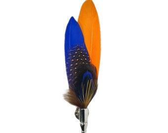 Blue and  Orange Pheasant Feather Lapel Pin