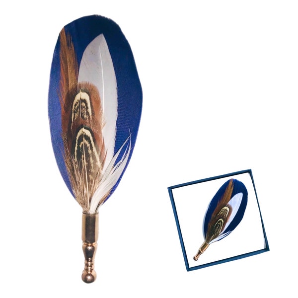 Navy Blue / Brown and White Pheasant Feather Lapel Pin