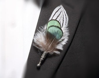 Zebra Black/White Green Peacock Feather Lapel Pin