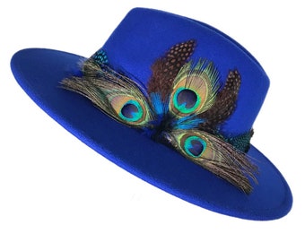 Birds Of Paradise Royal Blue Peacock Feather Fedora Hat
