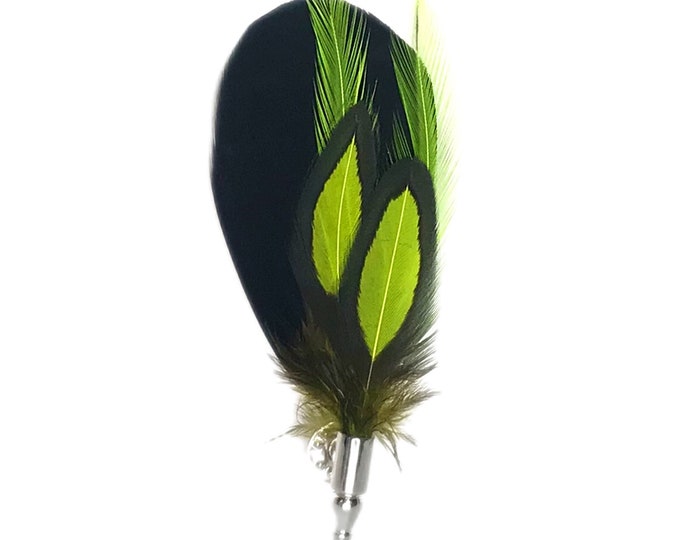 Black and Neon Lime Green Dyed Rooster and Hen Feather Lapel Pin