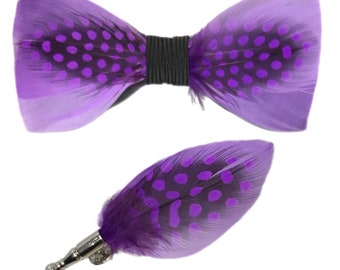 Lavender / Light Purple and Black Polka Dot Feather Bow Tie & Pin Set