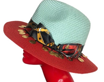 AURA - Two Tone Red / Light Teal Straw Hat with Gold Coin Tassel / Silk Tie Bow Band