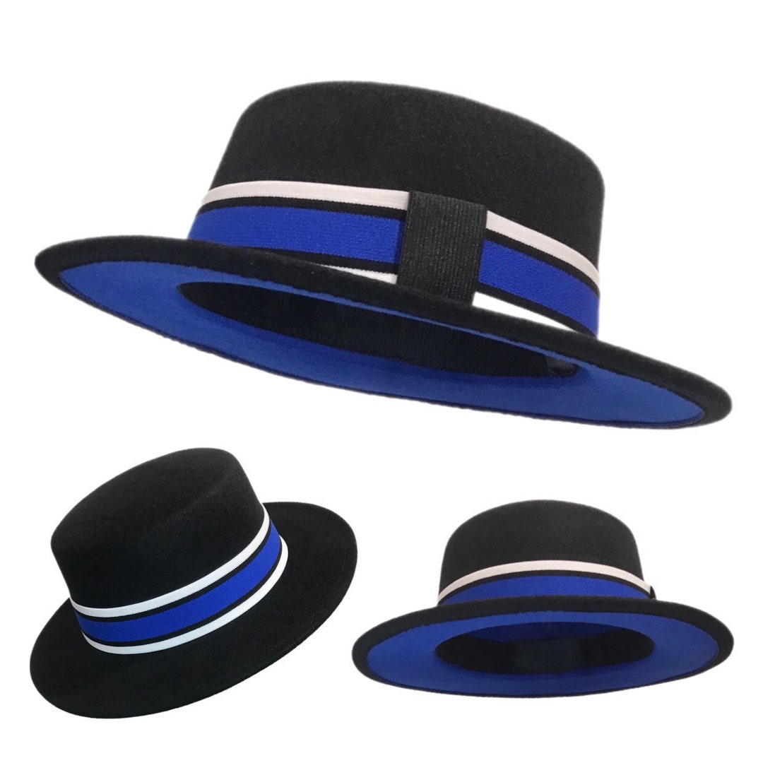 ROYALE Black Round Flat Top Boater Fedora Hat With Blue Brim and Black