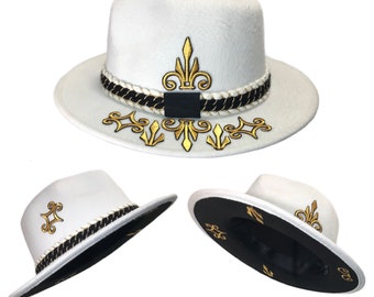 RUFARO - White Fedora with Black and Gold Baroque Embroidered Design