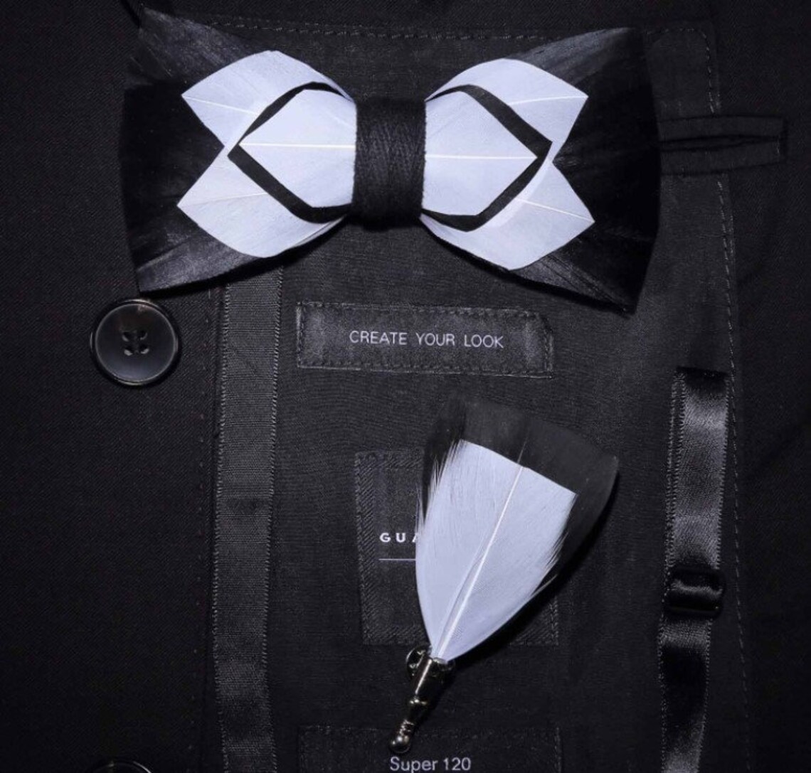 Black and White Feather Bow Tie - Etsy
