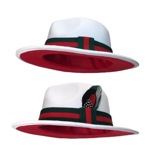 REDBURN - White / Red Brim Fedora Hat With Green / Red Striped Band