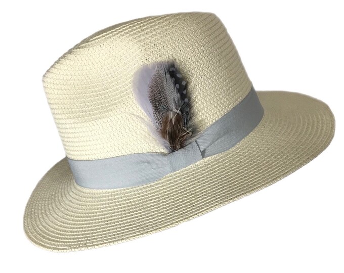 JACKSON -  Cream White Feather Fedora Straw Hat With Gray Grosgrain Bow Band