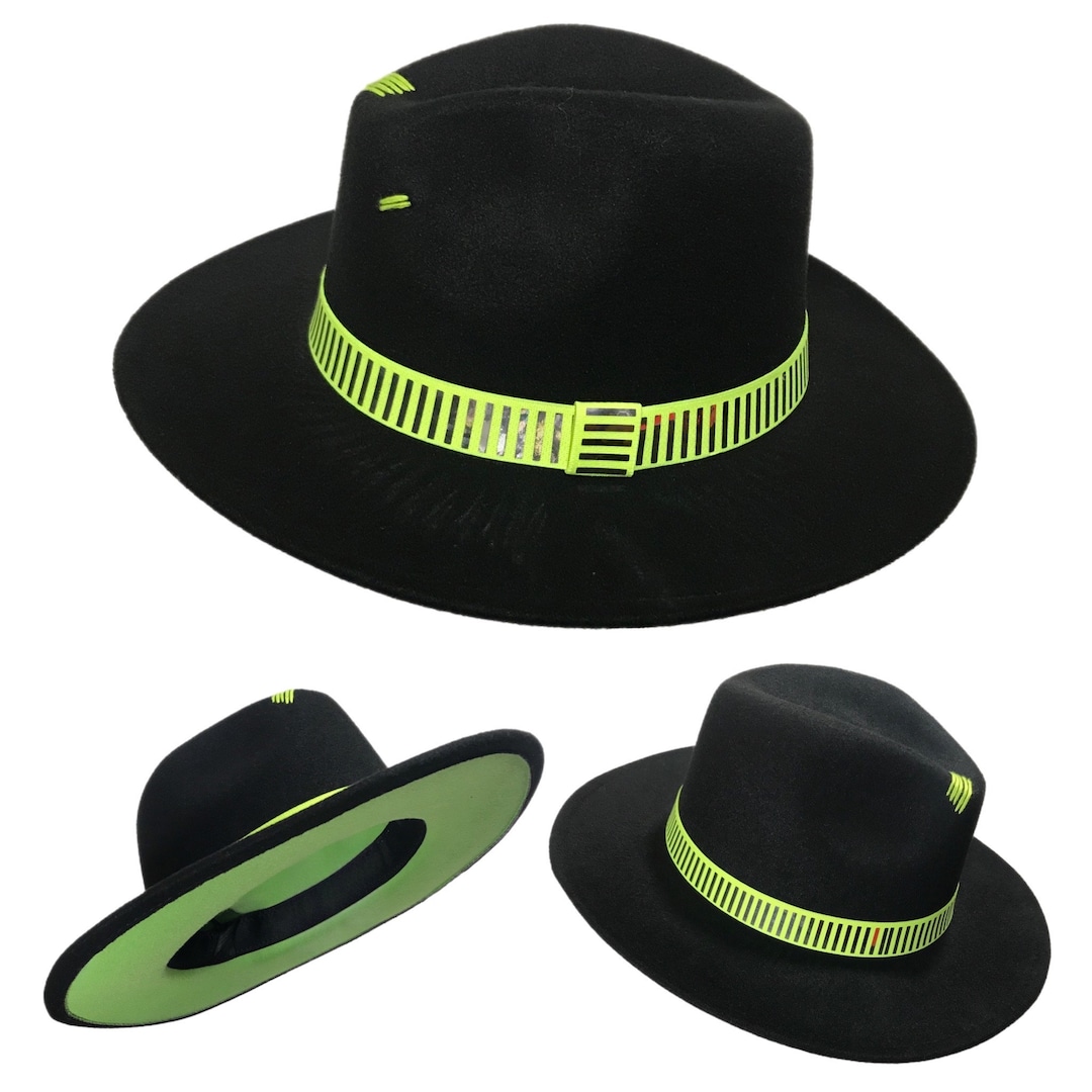 TRUESE Black / Lime Green Brim Fedora Hat With Stitched Crown and Neon