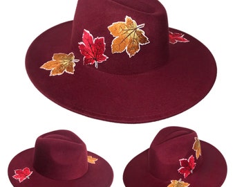 AUTUMN  - Burgundy Wide Brim Tear Drop Crown Fall Leaf Design Fedora Hat