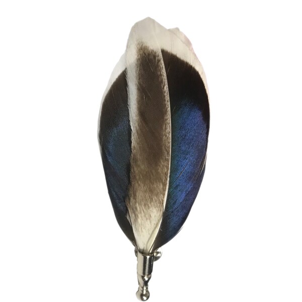 White, Gray, Dark Navy Blue Mallard Duck Feather Lapel Pin