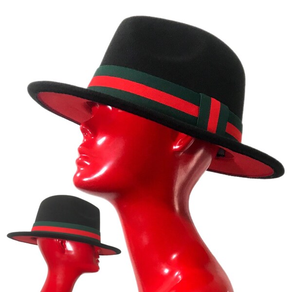 FOXX - Black / Red Brim Fedora Hat With Green / Red Striped Band