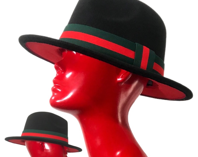 FOXX - Black / Red Brim Fedora Hat With Green / Red Striped Band