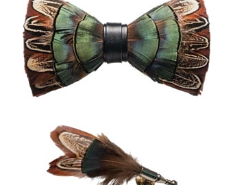 Pecan Brown and Juniper Green Feather Bow Tie and Pin Set (Child & Adult Size)