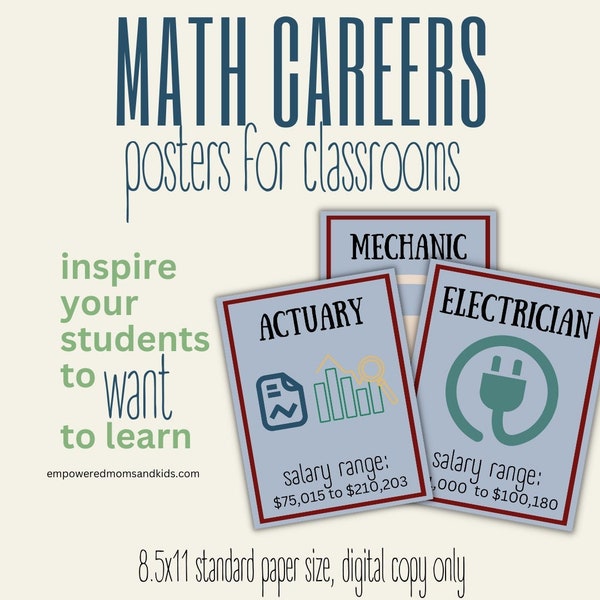 Careers that Use Math Posters for High School and Middle School Classrooms, Inspiration for Learners, Motivation for Students, For Teachers