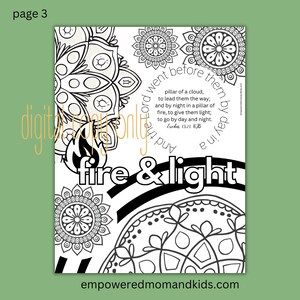 May include: A black and white coloring page with a fire and light theme. The page features a quote from Exodus 13:21, "And the Lord went before them by day in a pillar of a cloud, to lead them the way; and by night in a pillar of fire, to give them light, to go by day and night."