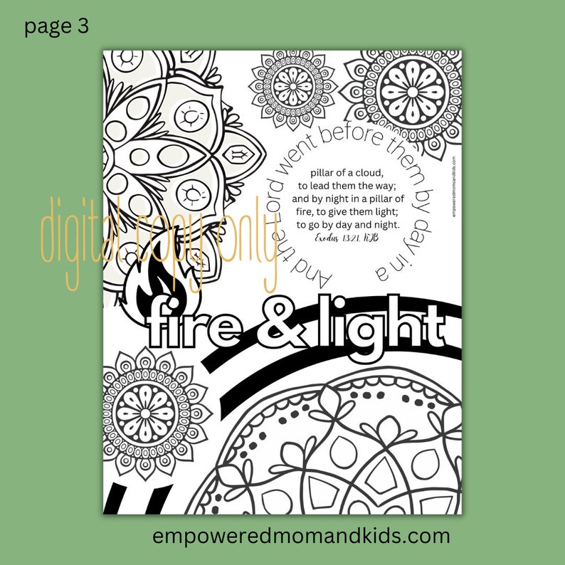 May include: A black and white coloring page with a fire and light theme. The page features a quote from Exodus 13:21, "And the Lord went before them by day in a pillar of a cloud, to lead them the way; and by night in a pillar of fire, to give them light, to go by day and night."