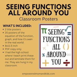 Puede incluir: Carteles para el aula con el texto "Seeing Functions All Around You". Los carteles incluyen 2 carteles de título y 20 carteles de ecuaciones, gráficos y ejemplos del mundo real. Los carteles miden aproximadamente 20 x 29 cm.