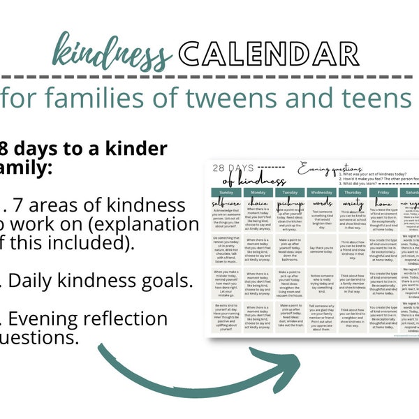 Kindness Calendar for Families of Tweens and Teens