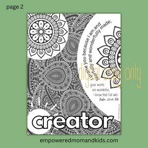 May include: Black and white coloring page with intricate mandala designs and the text "I praise you because I am fearfully and wonderfully made; your works are wonderful, I know that full well. Psalm 139:14 NIV" and the word "creator" in large bold letters.
