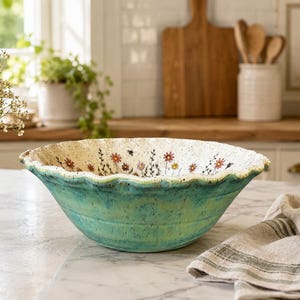 May include: A ceramic bowl with a scalloped rim, featuring a vibrant turquoise and green exterior glaze. The interior is cream-coloured with a speckled texture and a delicate hand-painted pattern of small red, yellow, and black wildflowers.